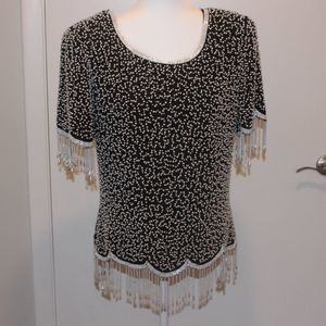 Laurence Kazar Vintage Black with Pearls Blouse Top Women Size Large